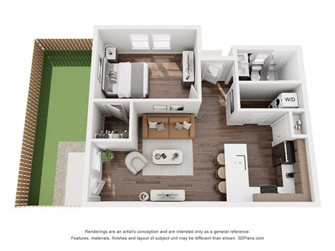 A 3D floor plan of a house with a kitchen, living room, and bathroom.